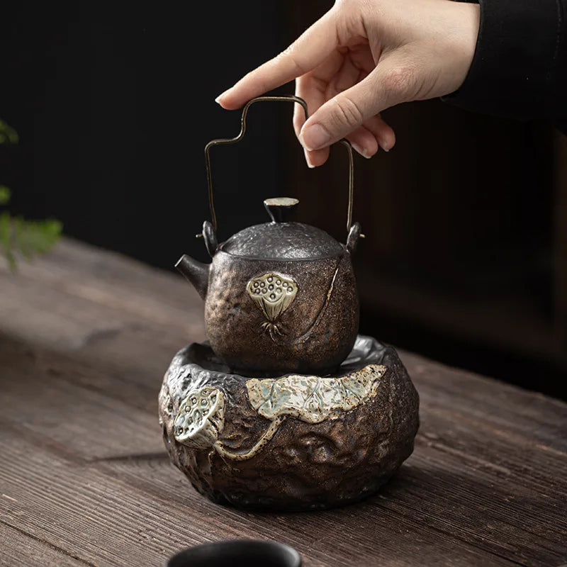Wabi Sabi Japanese Handmade Stoneware Teapot and Tea Warmer Set-