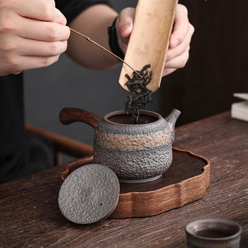 Handmade Ancient Alchemy Gilt Iron-Glazed Teapot - Wabi-Sabi Japanese Retro Pottery with Solid Wood Handle