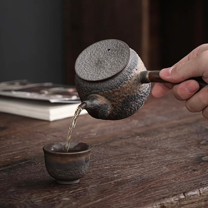 Handmade Ancient Alchemy Gilt Iron-Glazed Teapot - Wabi-Sabi Japanese Retro Pottery with Solid Wood Handle