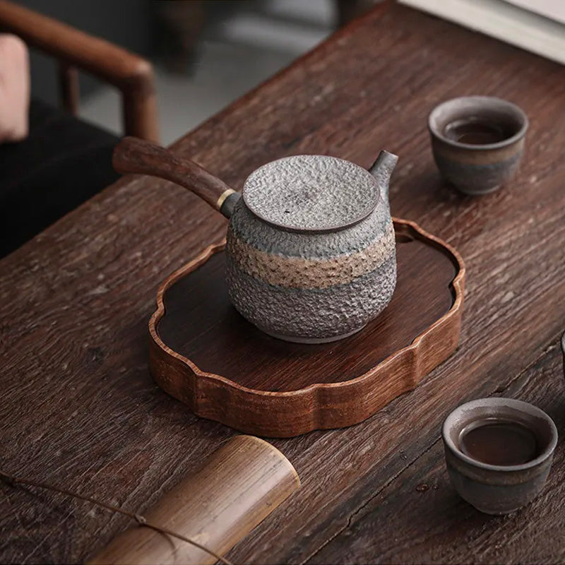 Handmade Ancient Alchemy Gilt Iron-Glazed Teapot - Wabi-Sabi Japanese Retro Pottery with Solid Wood Handle