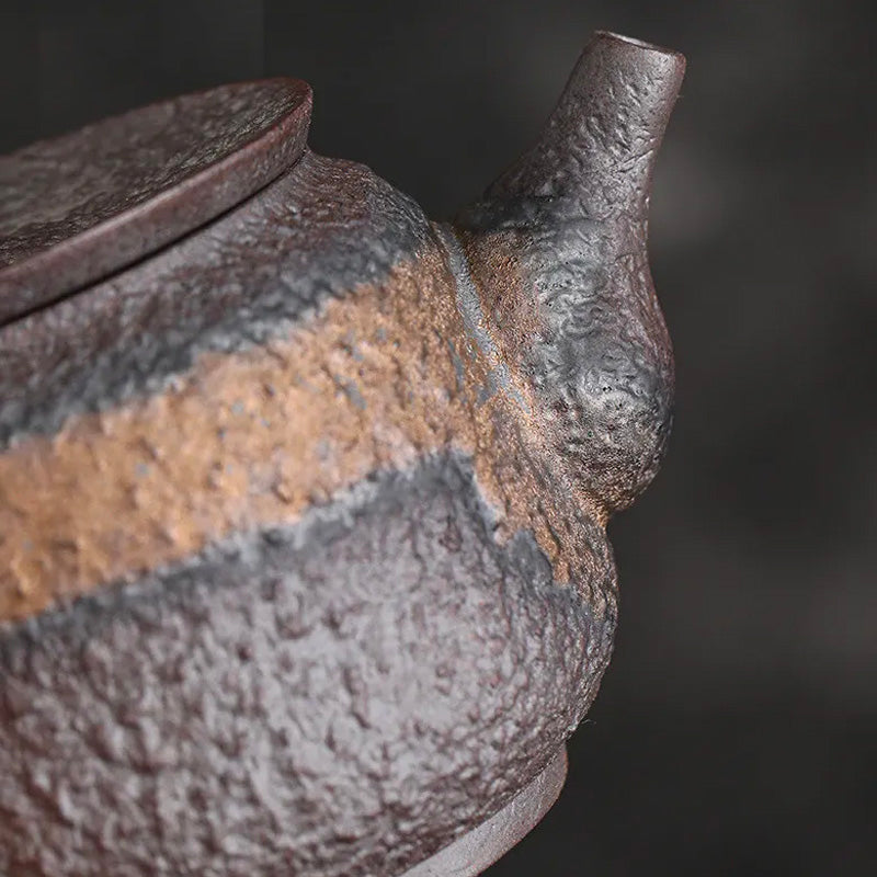 Handmade Ancient Alchemy Gilt Iron-Glazed Teapot - Wabi-Sabi Japanese Retro Pottery with Solid Wood Handle