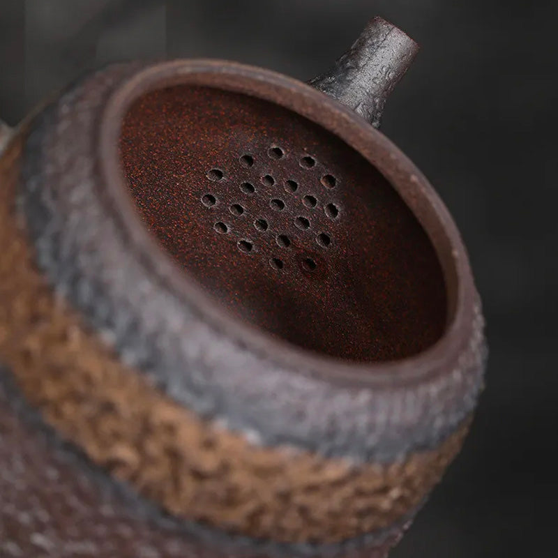 Handmade Ancient Alchemy Gilt Iron-Glazed Teapot - Wabi-Sabi Japanese Retro Pottery with Solid Wood Handle
