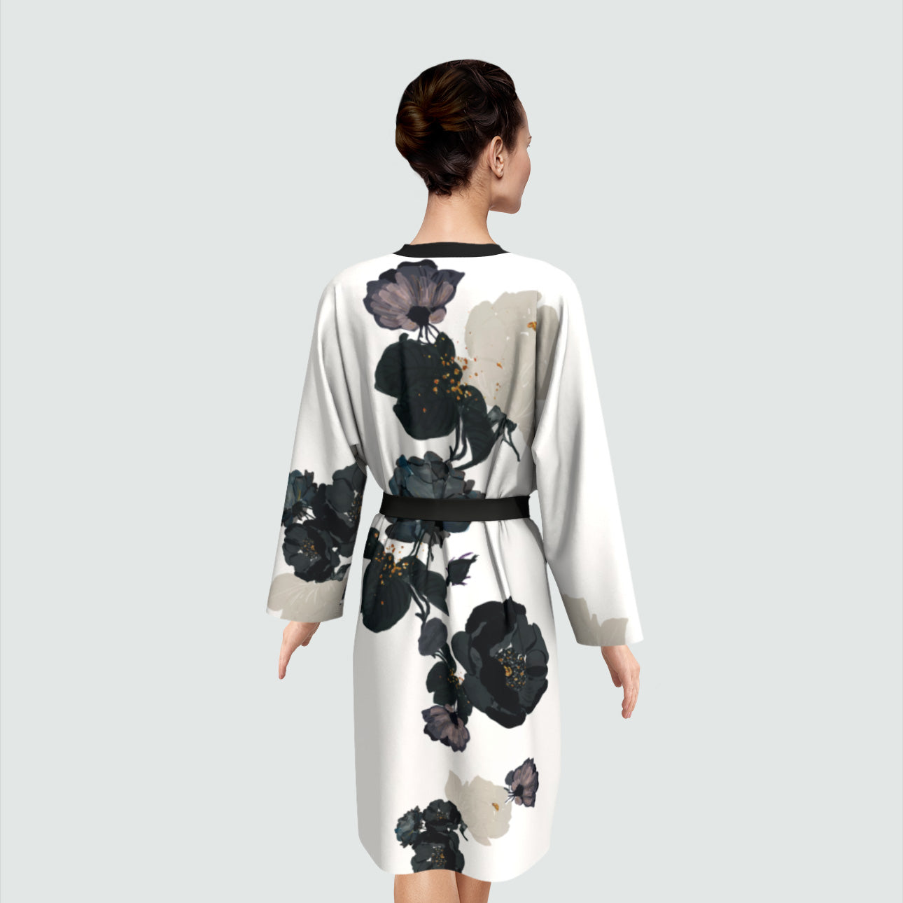 Black Flowers Silk Peignoir