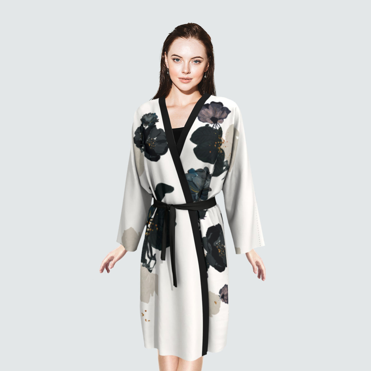 Black Flowers Silk Peignoir