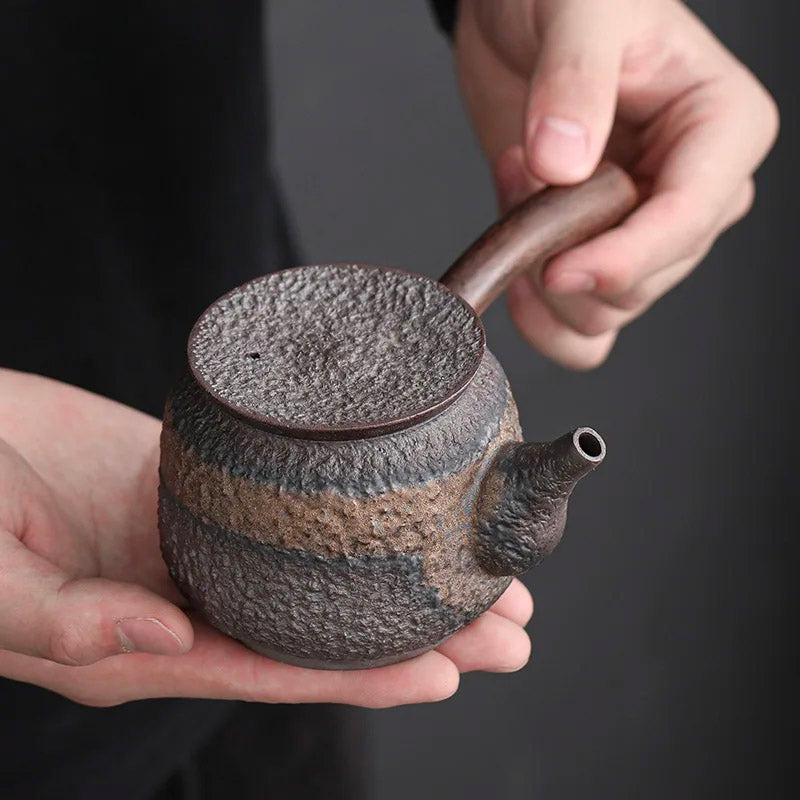 Handmade Ancient Alchemy Gilt Iron-Glazed Teapot - Wabi-Sabi Japanese Retro Pottery with Solid Wood Handle