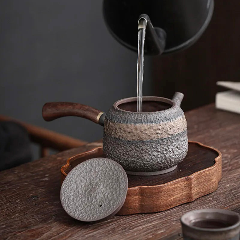 Handmade Ancient Alchemy Gilt Iron-Glazed Teapot - Wabi-Sabi Japanese Retro Pottery with Solid Wood Handle